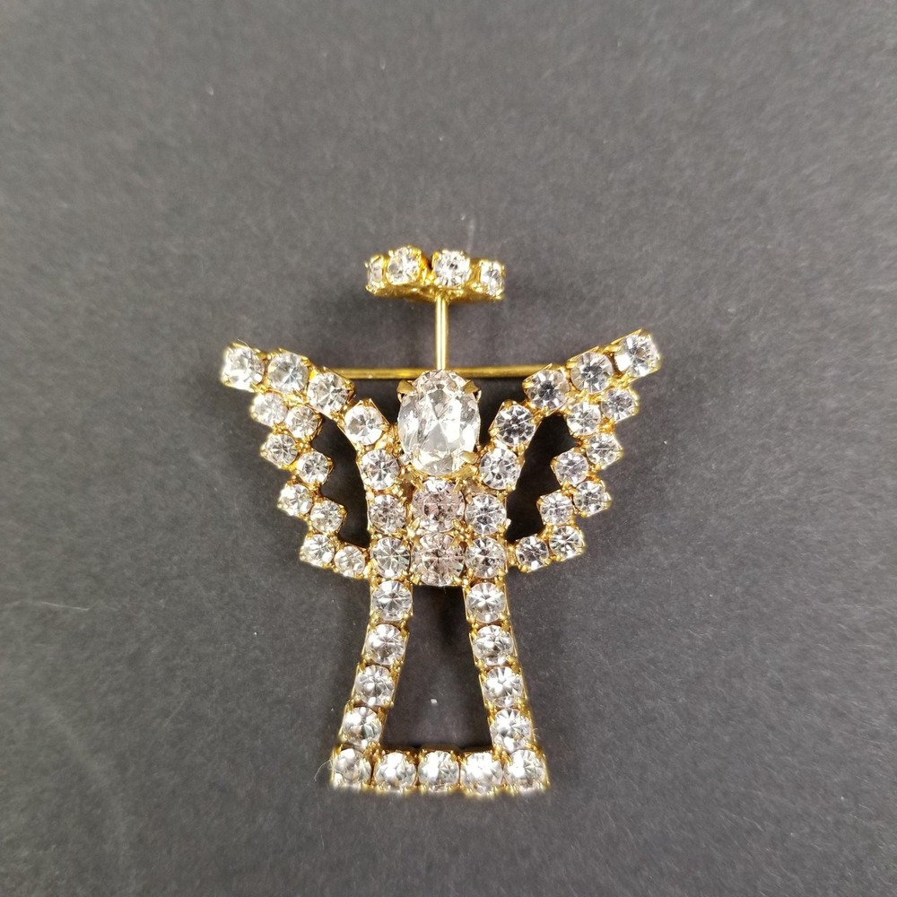 Vintage Gold Tone Clear Rhinestone Angel Brooch Pin Halo Wings Celestial Jewelry